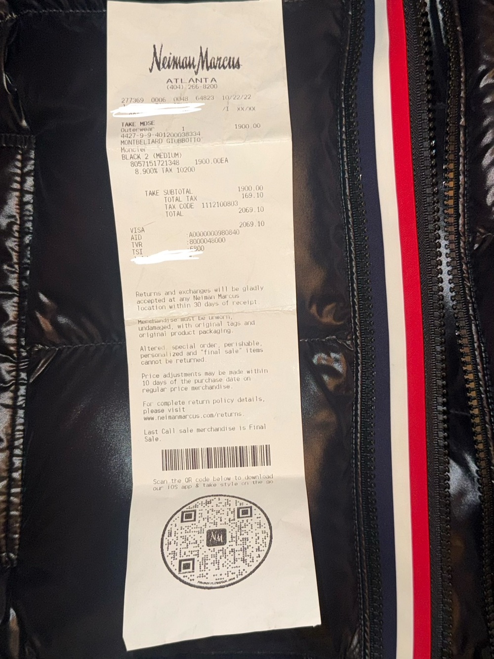 Moncler Black Quilted Puffer with Red-White-Blue Stripe Trim